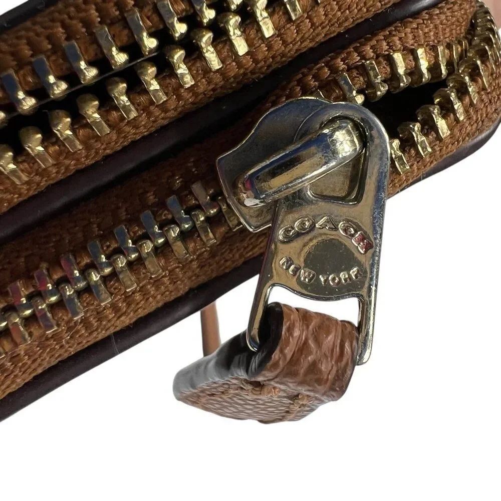 Coach Signature Brown Coated Canvas Double Zip Corner Wristlet Clutch Brown Tan - Picture 9 of 10